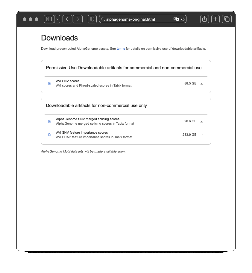 AlphaGenome Atlas downloads page before and after applying Biology Skills